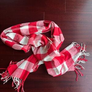 J Crew Red And White Plaid Long Scarf With Fringe Acrylic Cashmere Feel